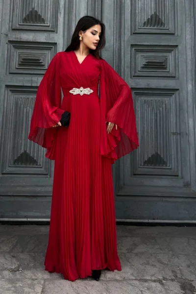 Kruvaze Yaka Yarasa Kol Pliseli Abiye Elbise 2235-Kırmızı
