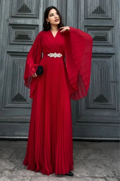 Kruvaze Yaka Yarasa Kol Pliseli Abiye Elbise 2235-Kırmızı