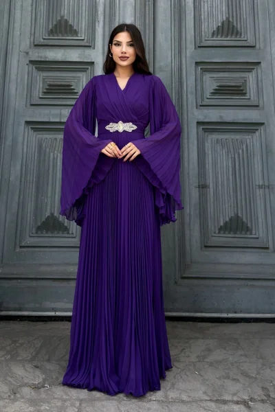 Kruvaze Yaka Yarasa Kol Pliseli Abiye Elbise 2235-Mor