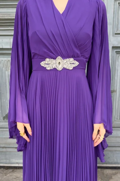 Kruvaze Yaka Yarasa Kol Pliseli Abiye Elbise 2235-Mor