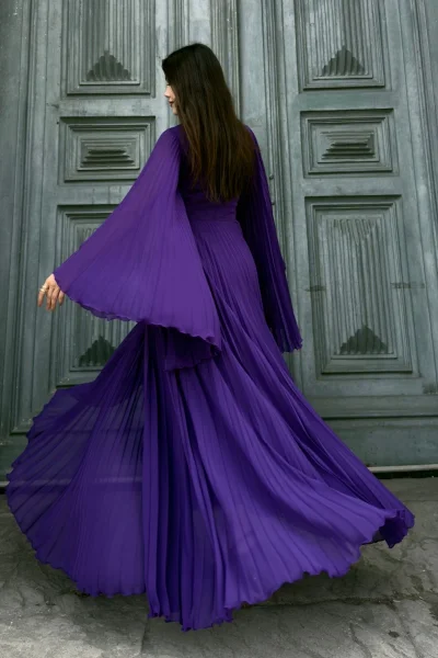 Kruvaze Yaka Yarasa Kol Pliseli Abiye Elbise 2235-Mor