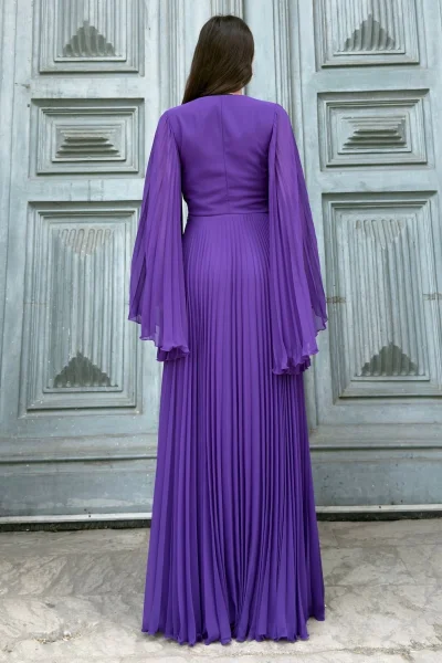 Kruvaze Yaka Yarasa Kol Pliseli Abiye Elbise 2235-Mor
