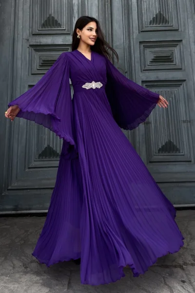 Kruvaze Yaka Yarasa Kol Pliseli Abiye Elbise 2235-Mor