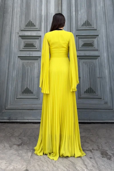 Kruvaze Yaka Yarasa Kol Pliseli Abiye Elbise 2235-Olive