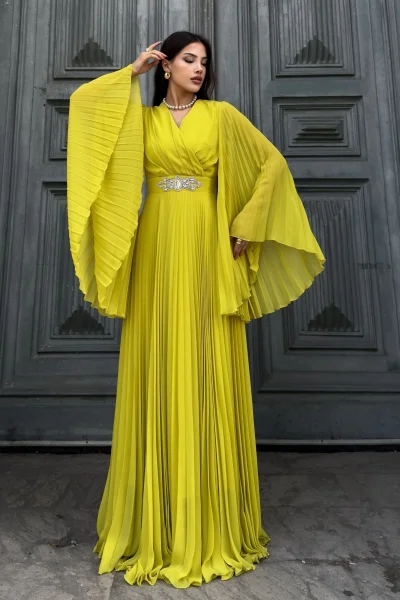 Kruvaze Yaka Yarasa Kol Pliseli Abiye Elbise 2235-Olive