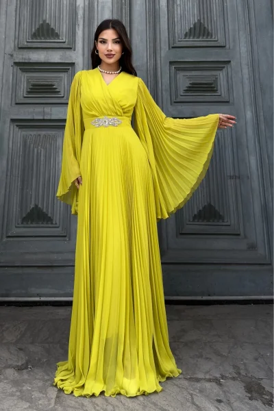 Kruvaze Yaka Yarasa Kol Pliseli Abiye Elbise 2235-Olive