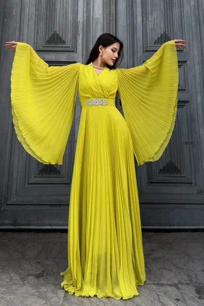 Kruvaze Yaka Yarasa Kol Pliseli Abiye Elbise 2235-Olive