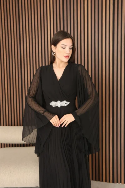 Kruvaze Yaka Yarasa Kol Pliseli Abiye Elbise 2235-Siyah