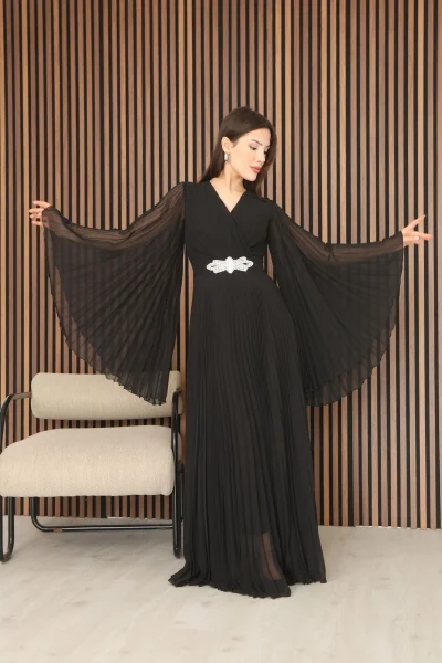 Kruvaze Yaka Yarasa Kol Pliseli Abiye Elbise 2235-Siyah