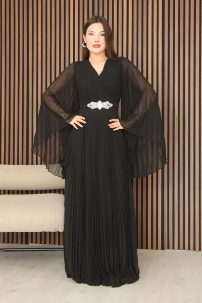 Kruvaze Yaka Yarasa Kol Pliseli Abiye Elbise 2235-Siyah