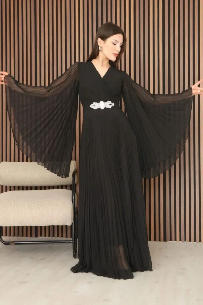 Kruvaze Yaka Yarasa Kol Pliseli Abiye Elbise 2235-Siyah