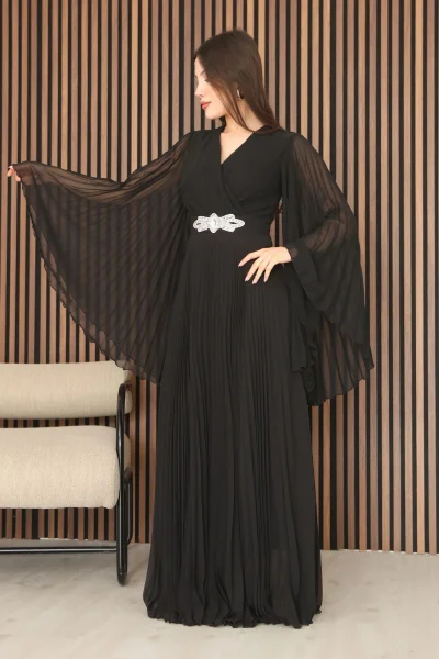 Kruvaze Yaka Yarasa Kol Pliseli Abiye Elbise 2235-Siyah