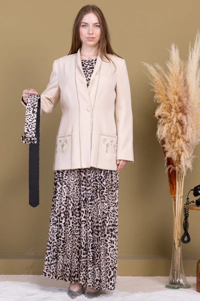 Leopar Desenli Ceketli Üçlü Takım 4715-Bej