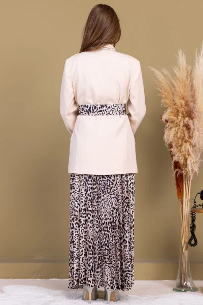 Leopar Desenli Ceketli Üçlü Takım 4715-Bej