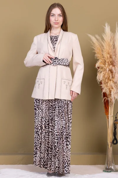 Leopar Desenli Ceketli Üçlü Takım 4715-Bej