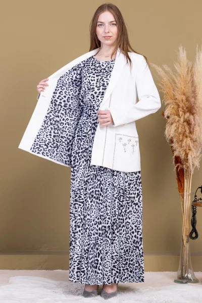 Leopar Desenli Ceketli Üçlü Takım 4715-Beyaz