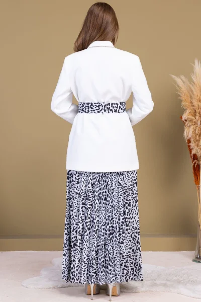 Leopar Desenli Ceketli Üçlü Takım 4715-Beyaz