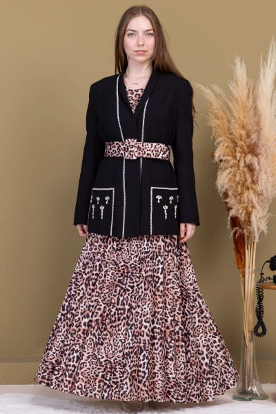 Leopar Desenli Ceketli Üçlü Takım 4715-Siyah