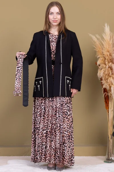 Leopar Desenli Ceketli Üçlü Takım 4715-Siyah
