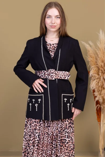 Leopar Desenli Ceketli Üçlü Takım 4715-Siyah