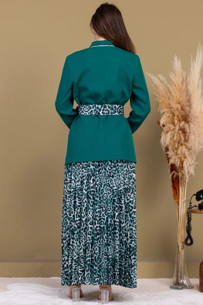 Leopar Desenli Ceketli Üçlü Takım 4715-Zümrüt Yeşili