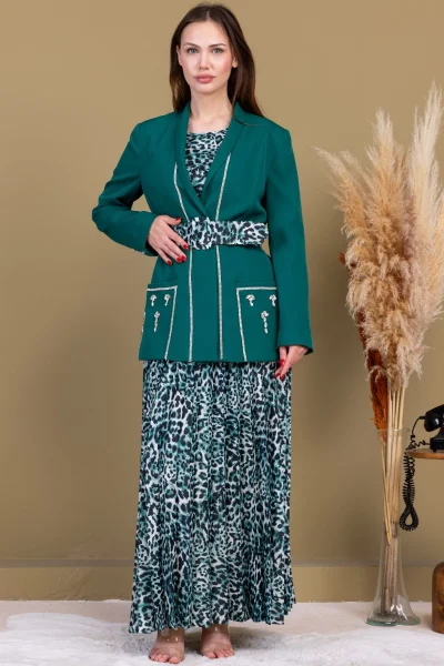 Leopar Desenli Ceketli Üçlü Takım 4715-Zümrüt Yeşili