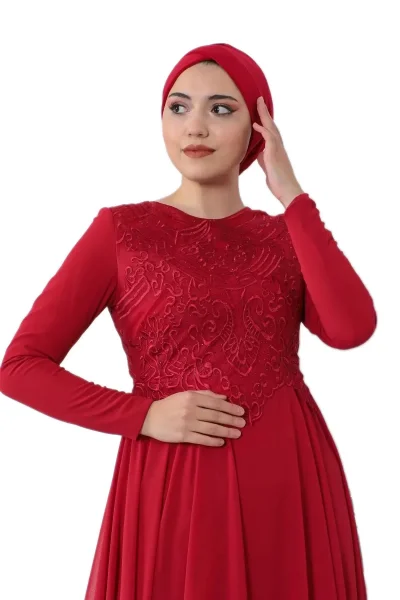 Nakış Detaylı Tesettür Abiye Elbise 688-Kırmızı