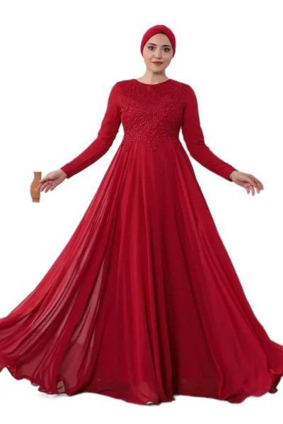 Nakış Detaylı Tesettür Abiye Elbise 688-Kırmızı