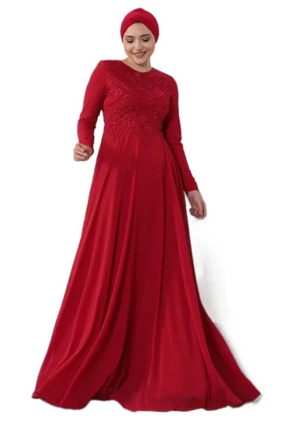 Nakış Detaylı Tesettür Abiye Elbise 688-Kırmızı