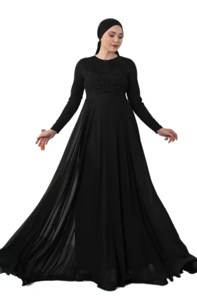Nakış Detaylı Tesettür Abiye Elbise 688-Siyah