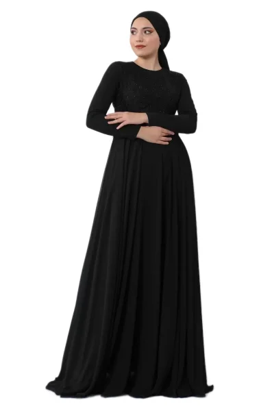Nakış Detaylı Tesettür Abiye Elbise 688-Siyah