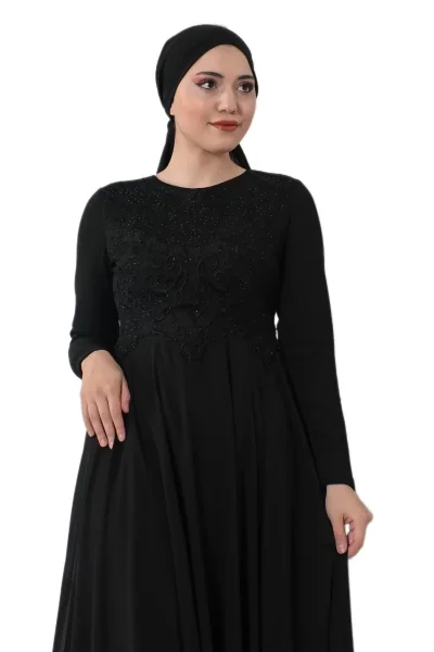 Nakış Detaylı Tesettür Abiye Elbise 688-Siyah