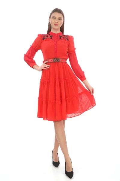 Nakış Ve Kemer Detaylı Elbise 1776-Narçiçeği