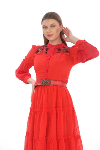 Nakış Ve Kemer Detaylı Elbise 1776-Narçiçeği