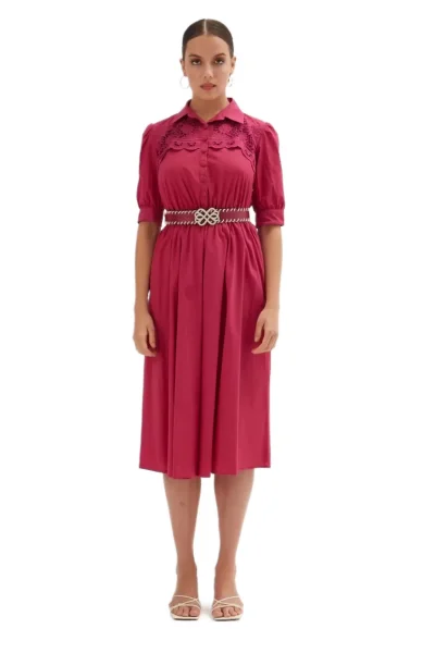 Nakış Ve Kemer Detaylı Poplin Elbise 1778-Fuşya