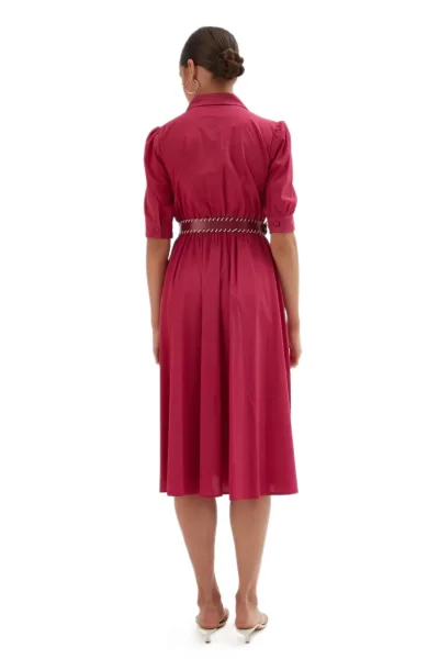 Nakış Ve Kemer Detaylı Poplin Elbise 1778-Fuşya