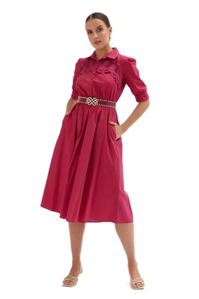 Nakış Ve Kemer Detaylı Poplin Elbise 1778-Fuşya