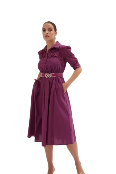 Nakış Ve Kemer Detaylı Poplin Elbise 1778-Mor