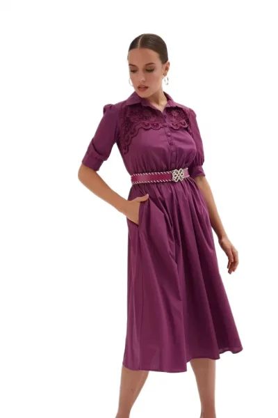 Nakış Ve Kemer Detaylı Poplin Elbise 1778-Mor