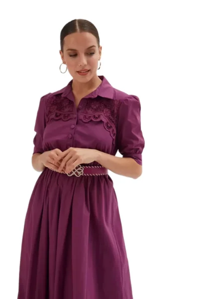 Nakış Ve Kemer Detaylı Poplin Elbise 1778-Mor
