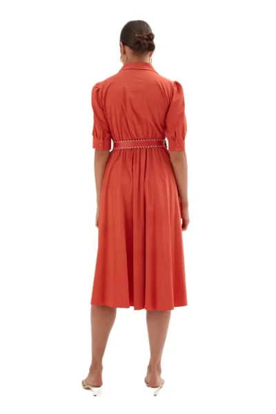 Nakış Ve Kemer Detaylı Poplin Elbise 1778-Oranj