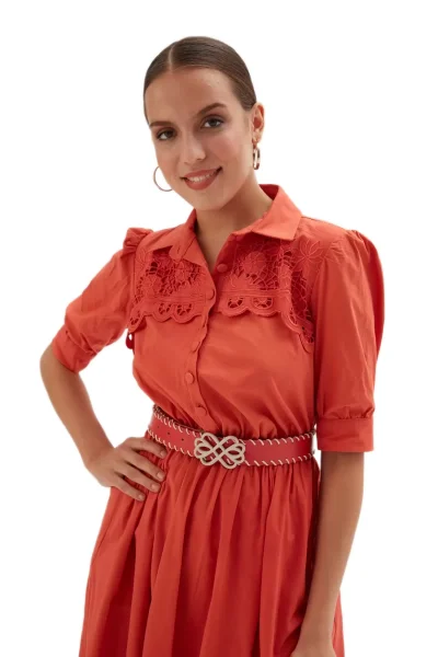 Nakış Ve Kemer Detaylı Poplin Elbise 1778-Oranj