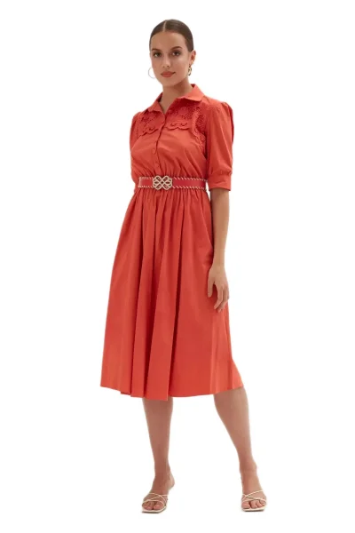 Nakış Ve Kemer Detaylı Poplin Elbise 1778-Oranj