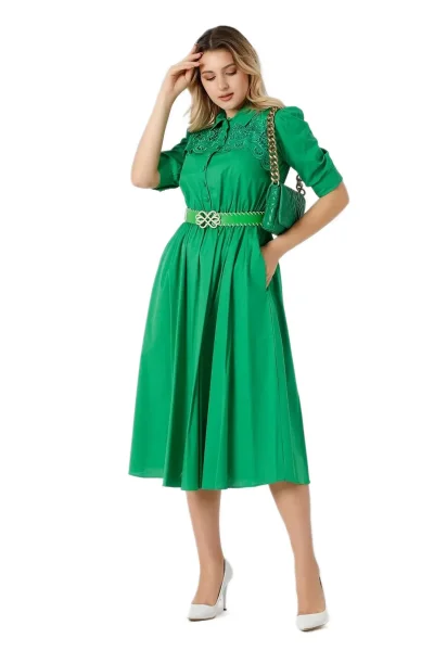 Nakış Ve Kemer Detaylı Poplin Elbise 1778-Yeşil