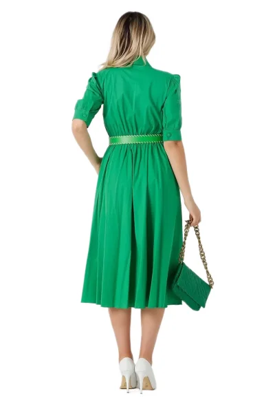 Nakış Ve Kemer Detaylı Poplin Elbise 1778-Yeşil