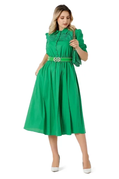 Nakış Ve Kemer Detaylı Poplin Elbise 1778-Yeşil