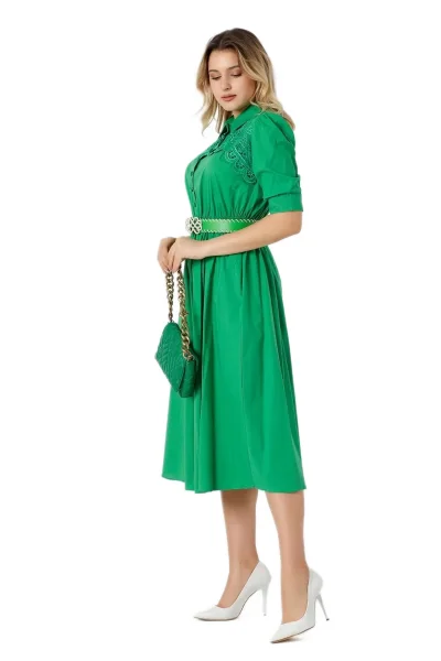 Nakış Ve Kemer Detaylı Poplin Elbise 1778-Yeşil