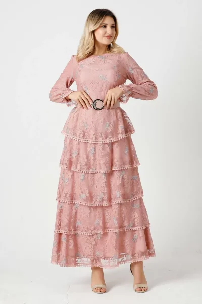 Nakışlı Kat Kat Dantel Elbise 744-Pudra (Kemer Dahil Değildir)