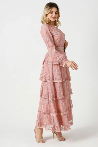 Nakışlı Kat Kat Dantel Elbise 744-Pudra (Kemer Dahil Değildir)