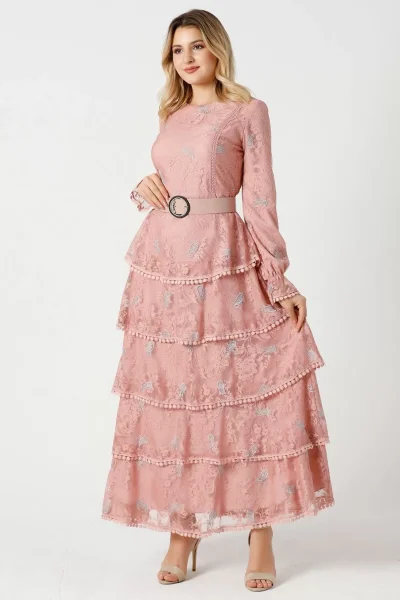 Nakışlı Kat Kat Dantel Elbise 744-Pudra (Kemer Dahil Değildir)